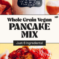Glass jar of homemade vegan pancake mix and a stack of pancakes topped with berry compote