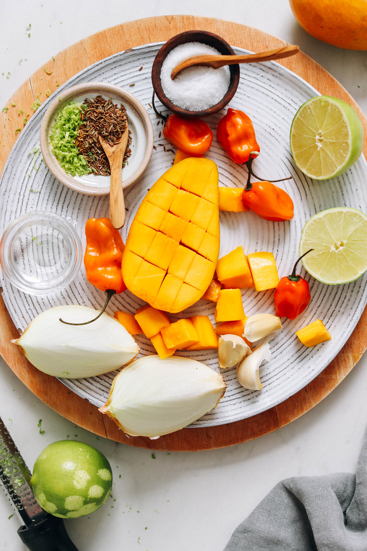 Plate with salt, limes, habaneros, mango, cumin seeds, lime zest, water, onion, and garlic