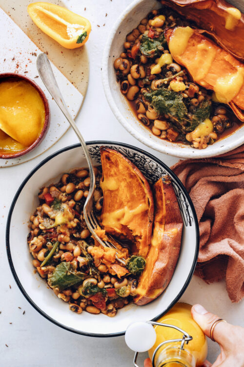 Two spicy black eyed pea nourish bowls
