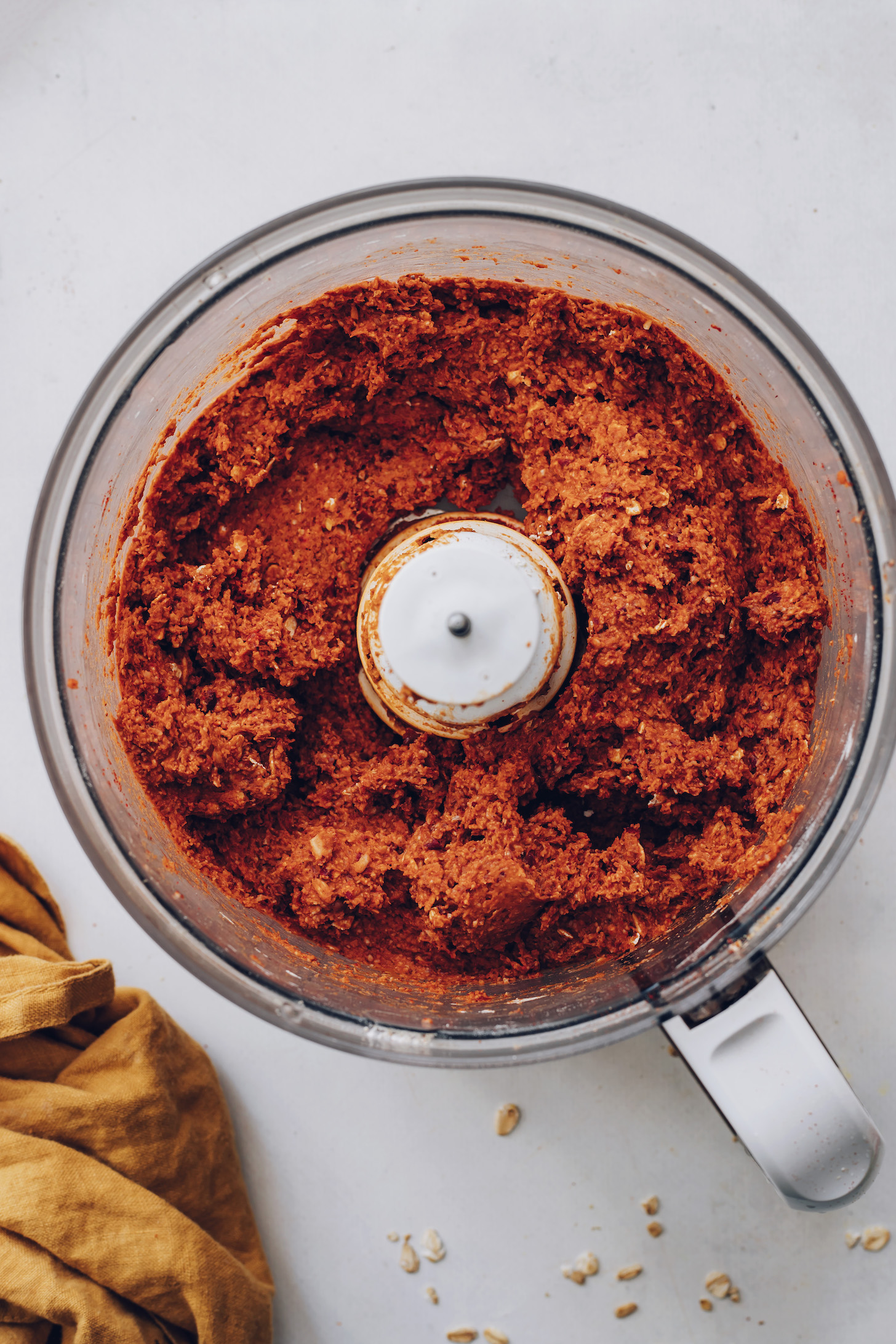 Vegan chorizo sausage mixture in a food processor