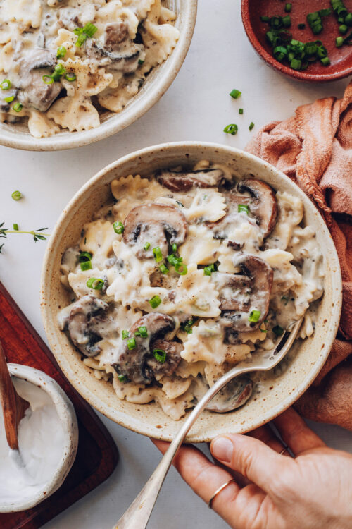 Holding a bowl of creamy vegan mushroom stroganoff