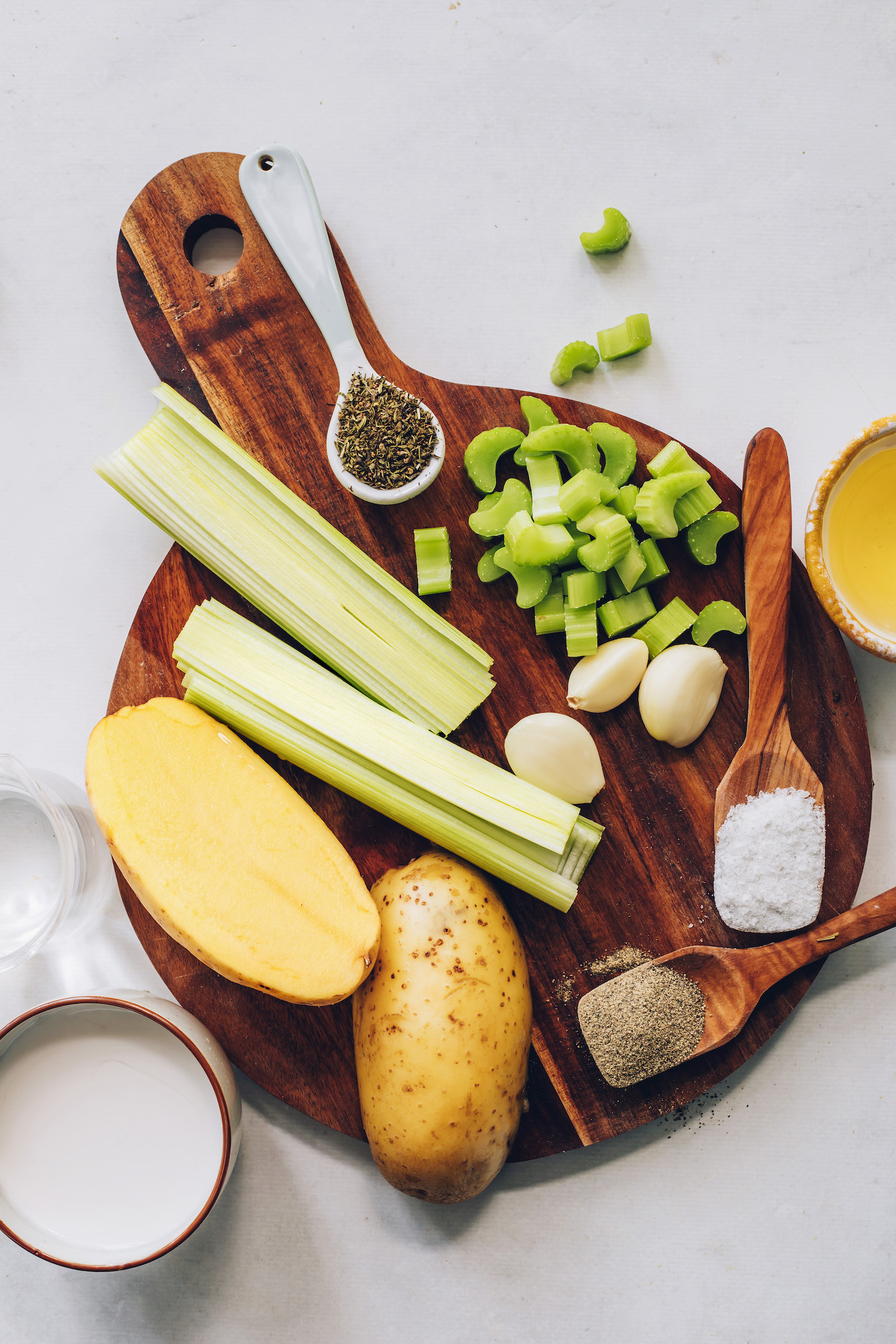 Coconut milk, water, potatoes, leeks, thyme, celery, garlic, salt, pepper, and olive oil