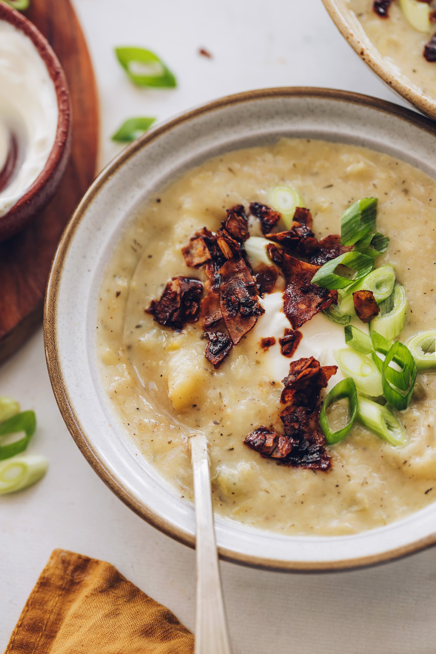 Close up shot of a bowl of potato leek soup with coconut bacon, green onion, and sour cream