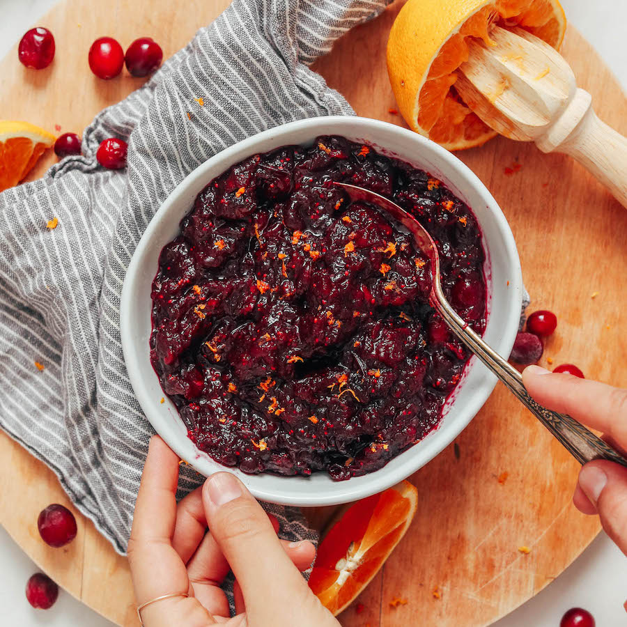 Spoon in a bowl of fresh cranberry sauce