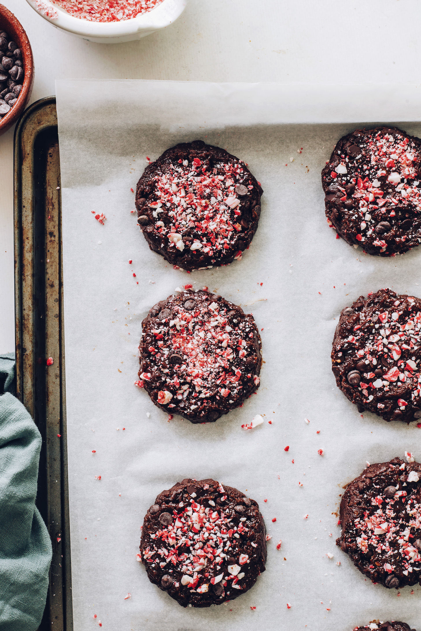 Chocolate cookies sprinkled with crushed candy canes