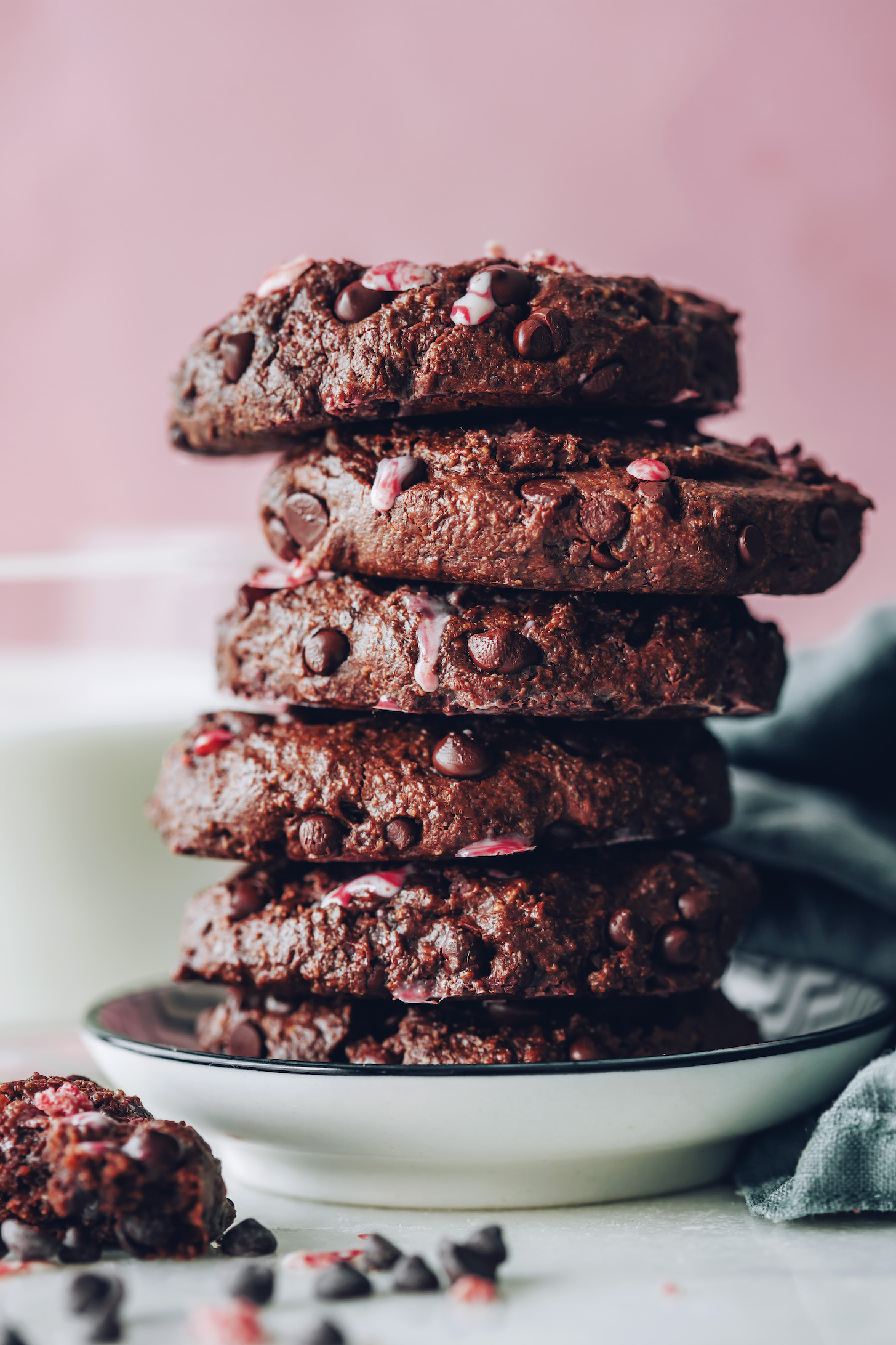 Plate with a stack of gluten-free vegan chocolate peppermint cookies
