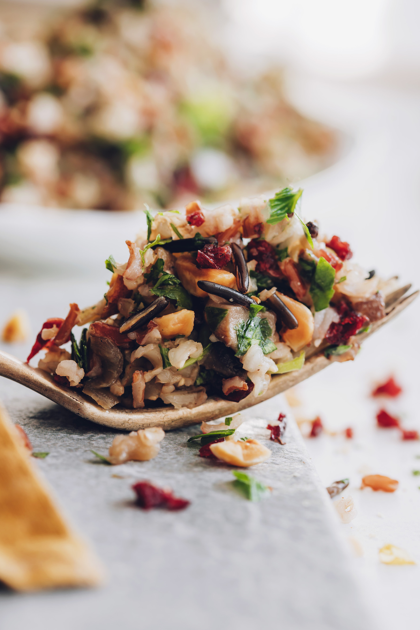 Close up shot of a bite of wild rice salad