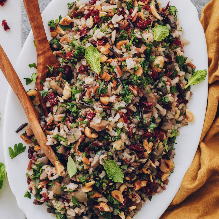Platter of wild rice salad with mushrooms, herbs, and cranberries