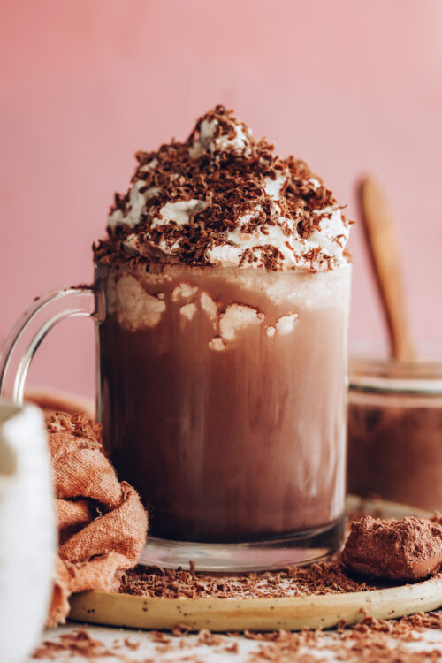 Mug of instant hot chocolate topped with coconut whipped cream