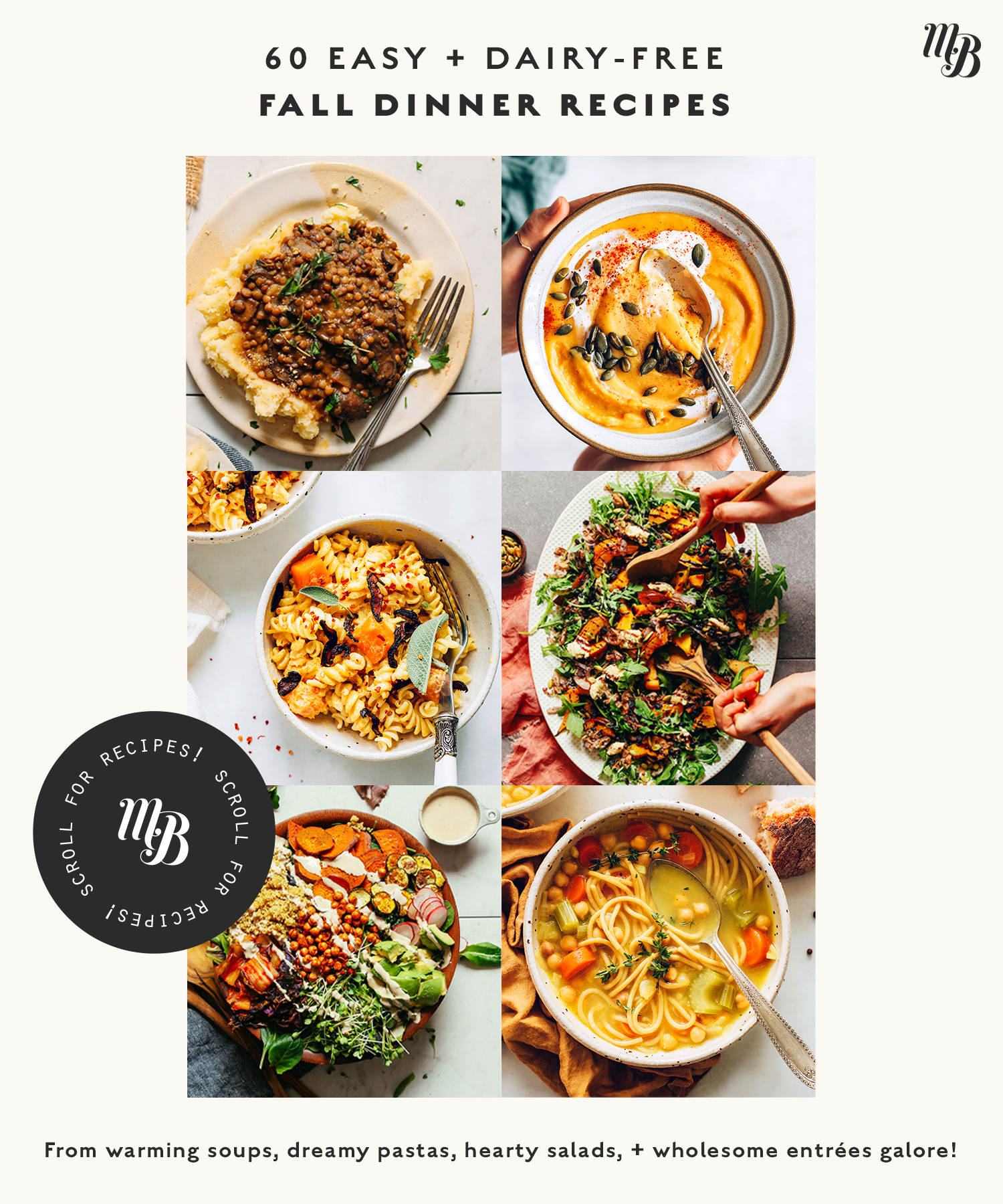 Assortment of easy dairy-free fall dinner recipes