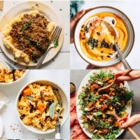 Gallery of easy dairy-free fall dinner recipes, including warming vegan lentil sweet potato soup, butternut squash pasta, chickpea noodle soup, vegan lentil stew over mashed potatoes, vegan abundance kale salad with savory tahini dressing, and roasted squash salad with crispy shallot & balsamic reduction