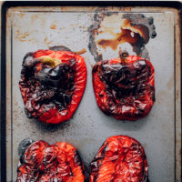 Sheet pan of roasted red peppers