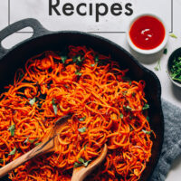 A cast iron pan of gluten-free sweet potato noodles