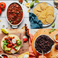 Gallery of vegan recipes for taco night including vegan salsa roja, homemade corn tortillas, vegan chorizo tacos, 1-pot black beans, best vegan guacamole, and roasted vegetable tacos with magic green sauce