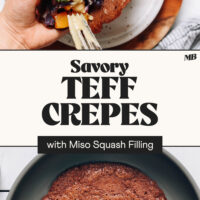 Photos of a teff crepe cooking in a non-stick pan and another of adding a miso roasted vegetable filling into a crepe being held in one hand