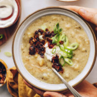 Holding a bowl of vegan potato leek soup