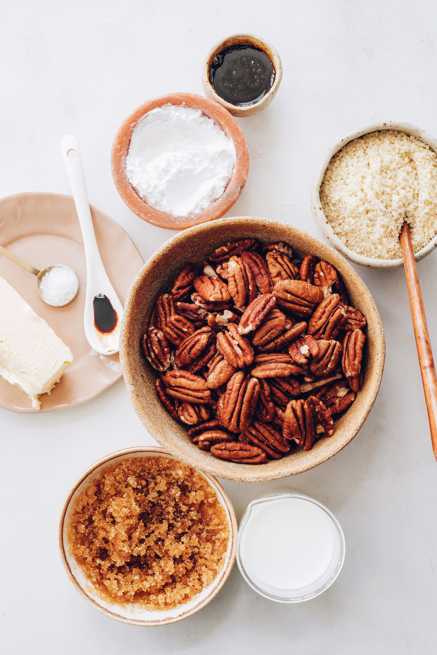 Brown sugar, dairy-free milk, pecans, almond flour, maple syrup, tapioca starch, vanilla, salt, and vegan butter