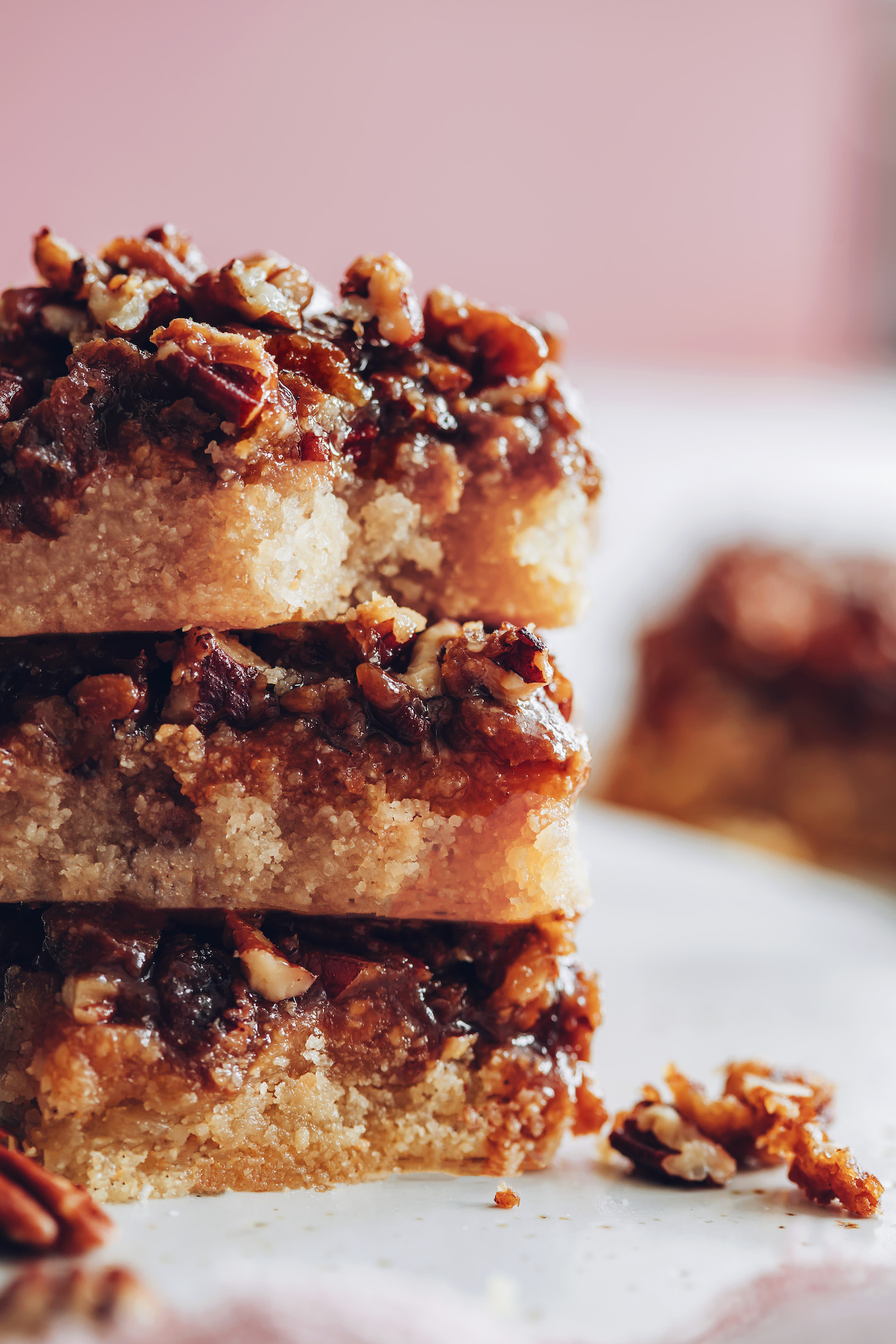 Stack of gluten-free vegan pecan pie bars