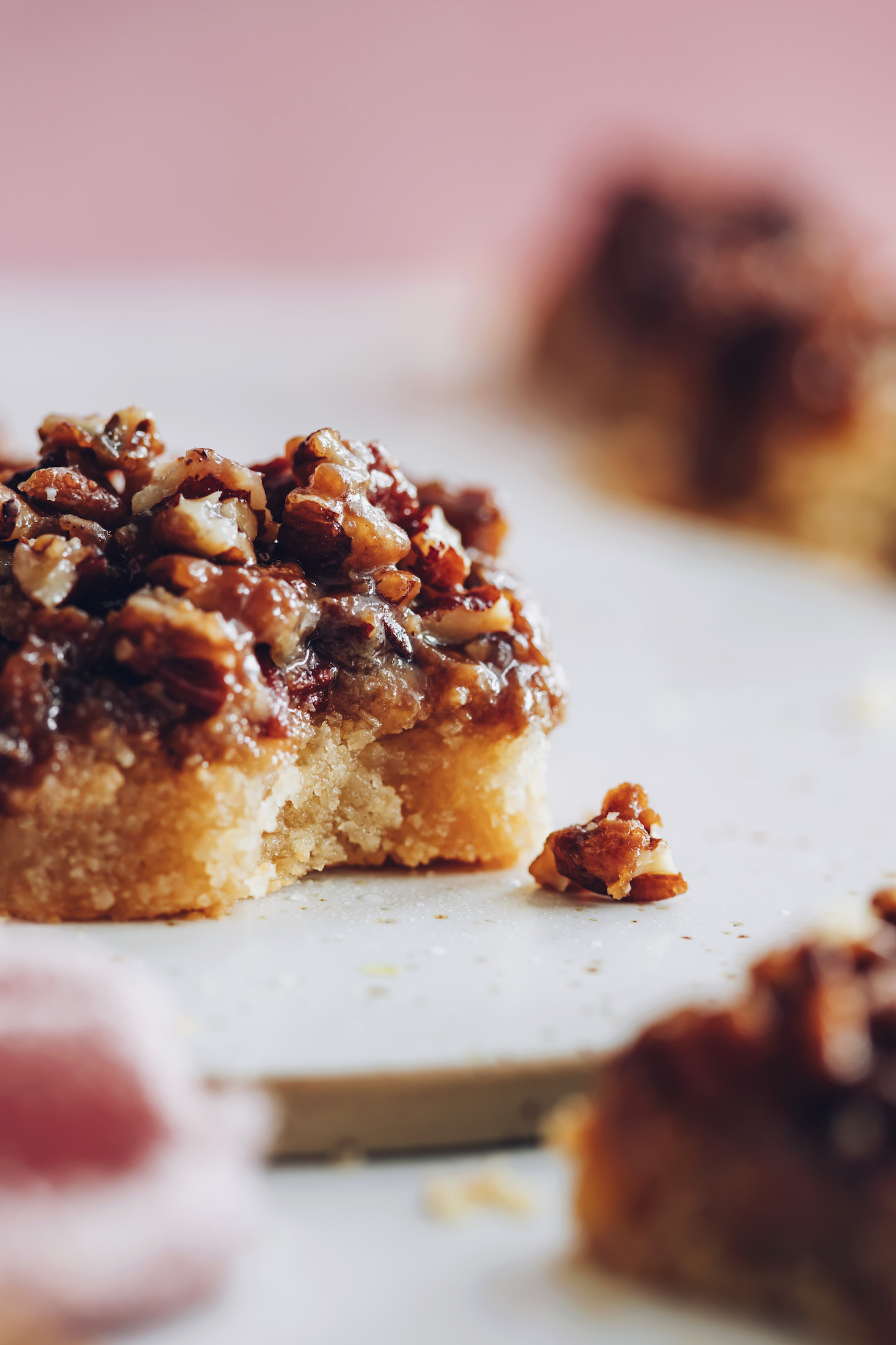 Close up shot of a pecan pie bar