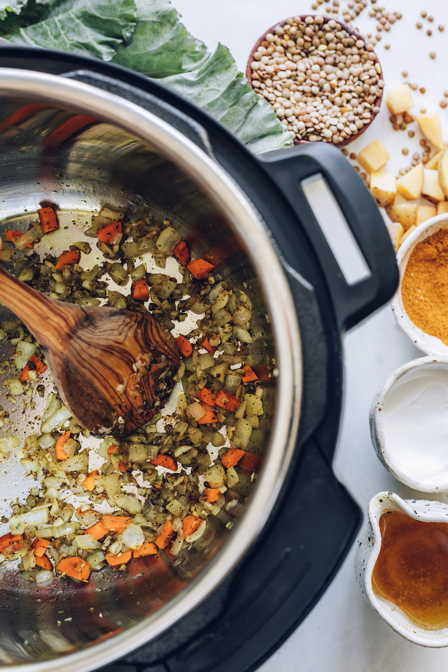 Sautéed onions, carrots, and garlic in an Instant Pot