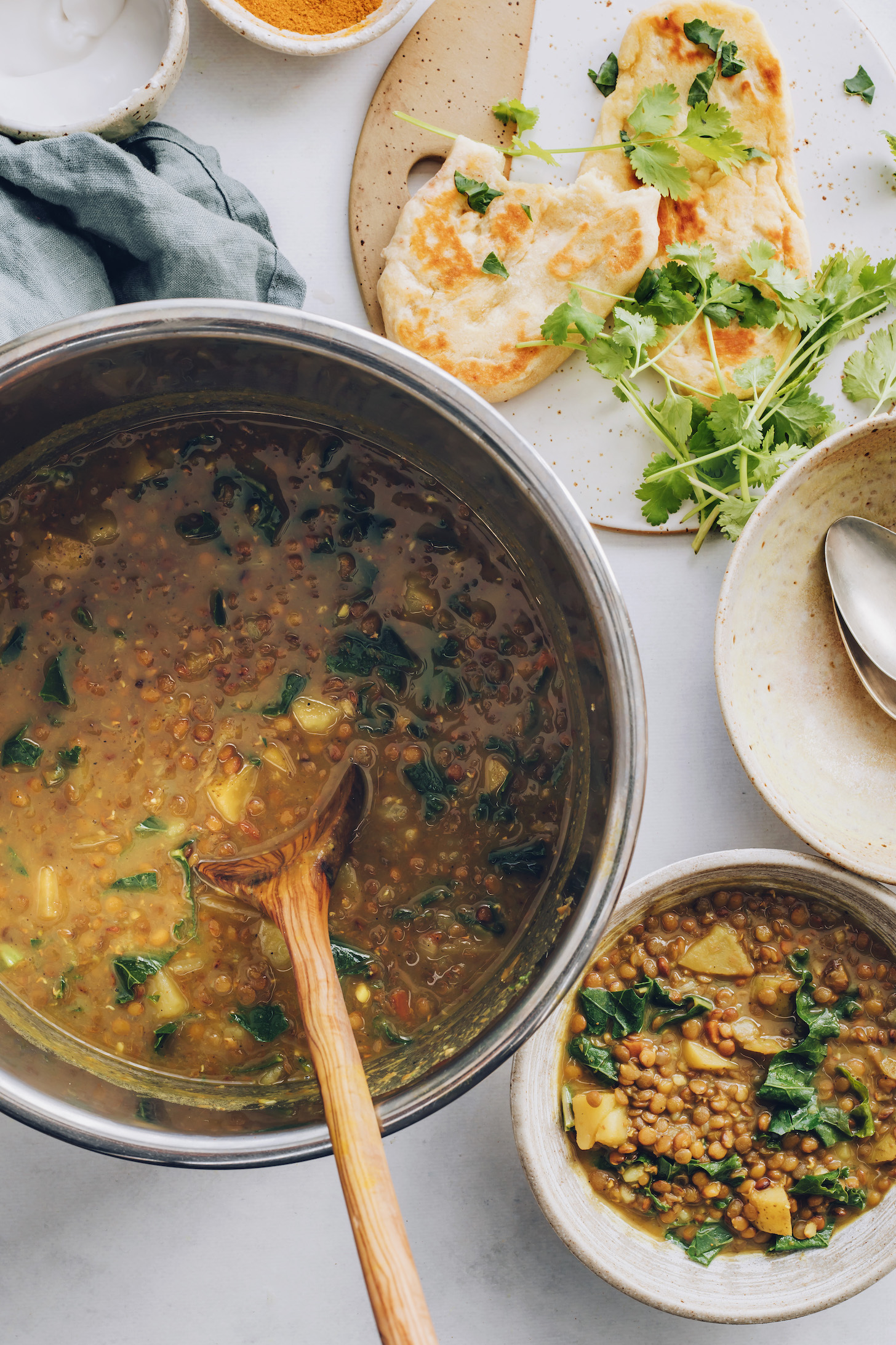 Instant Pot and bowl of curried lentil soup with potatoes and kale