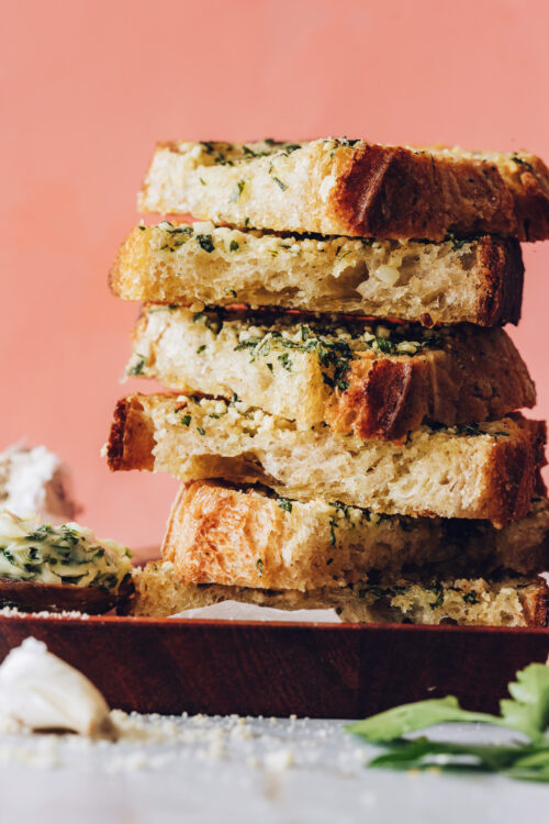 Slices of vegan garlic bread on a plate