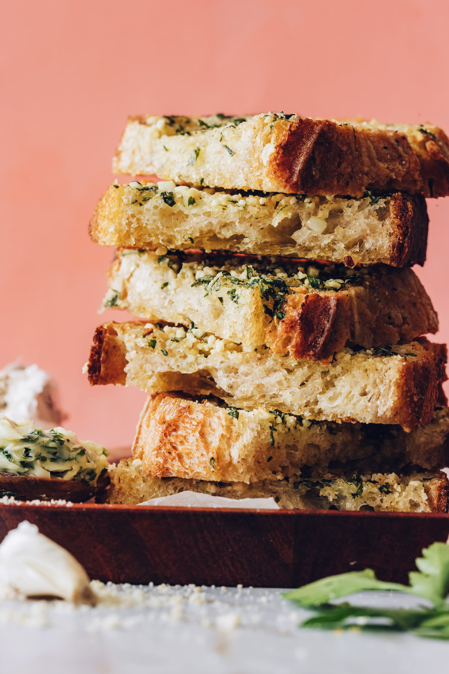 Slices of vegan garlic bread on a plate