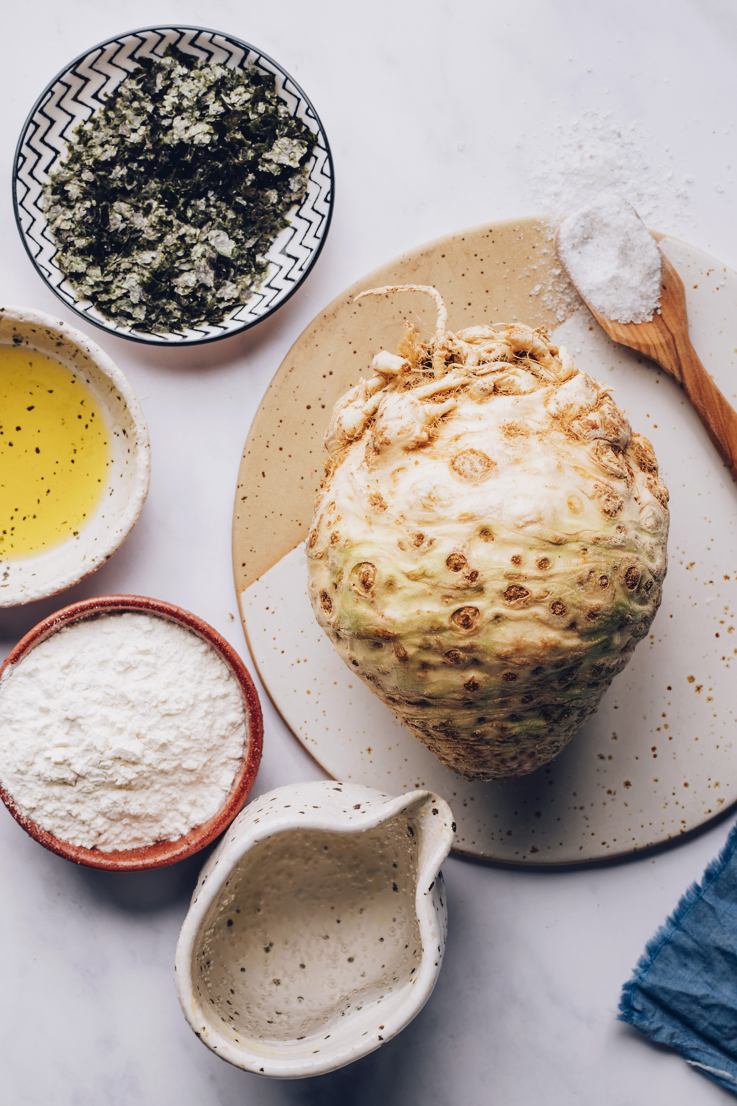 Nori flakes, avocado oil, gluten-free flour blend, sparkling water, celeriac, and sea salt
