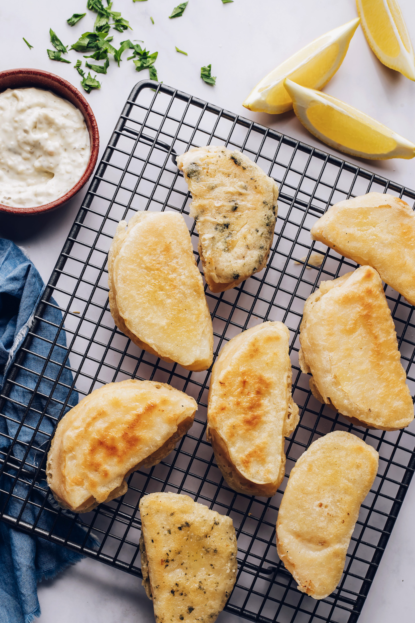 Vegan fried "fish" on a cooling rack