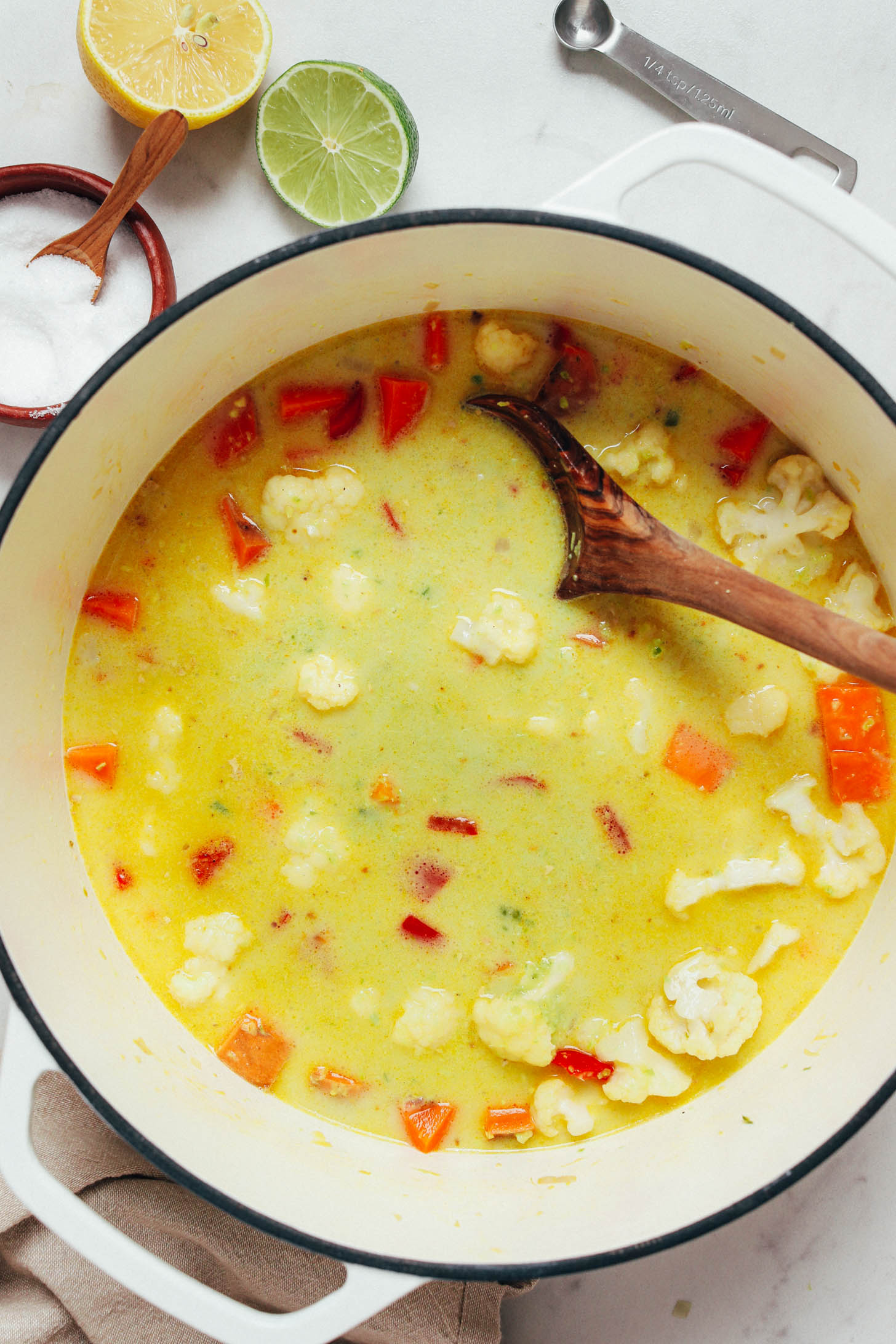 Green curry and vegetables in a Dutch oven