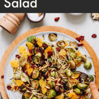 Hands holding a bowl of vegan and gluten-free roasted fennel brussels sprout salad