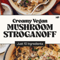 Bowl and Dutch oven filled with our Creamy Vegan Mushroom Stroganoff made with just 10 ingredients