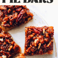 Overhead photo of some of our pecan pie bars with text that says easy, vegan, and gluten-free
