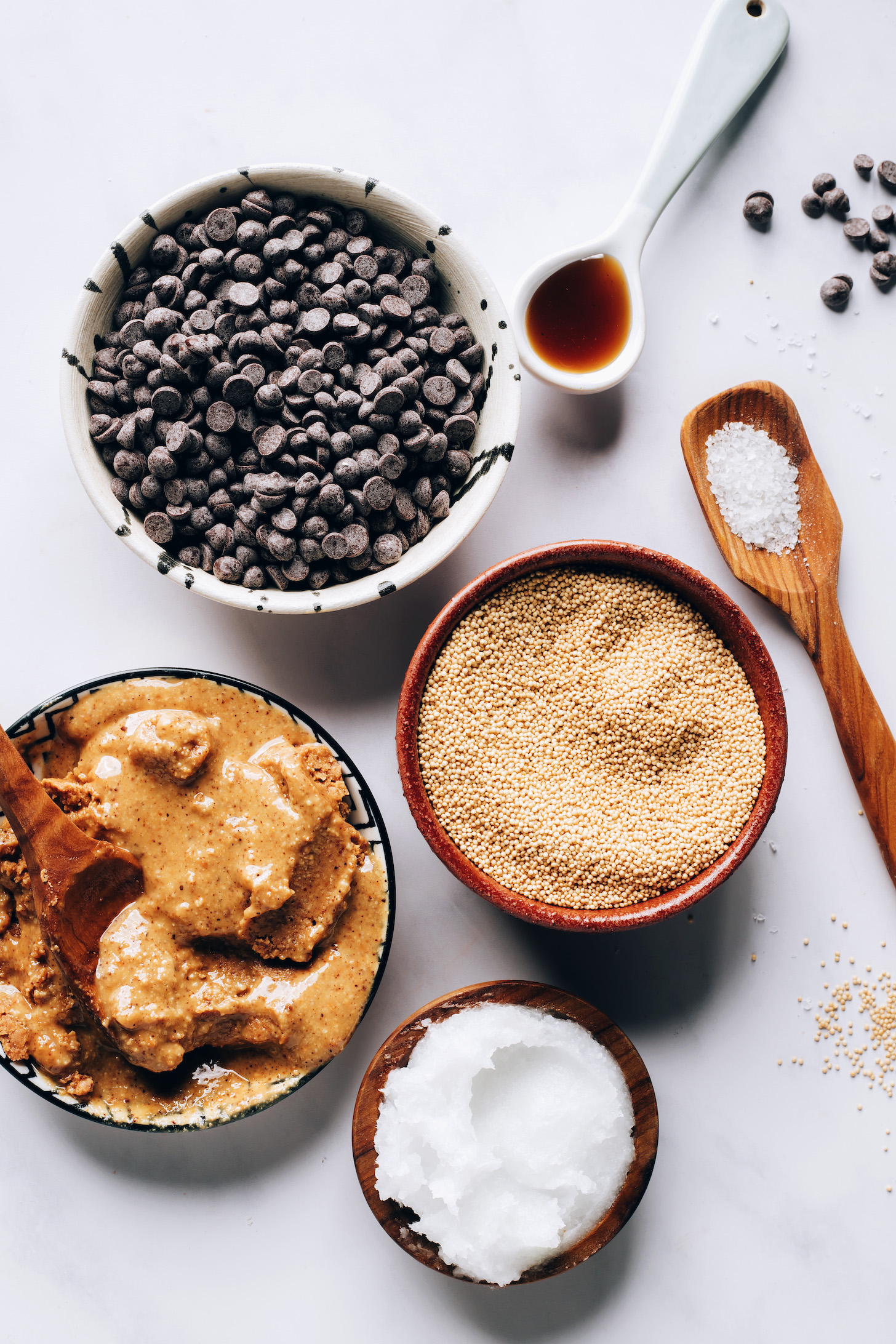 Chocolate chips, almond butter, amaranth, coconut oil, salt, and vanilla