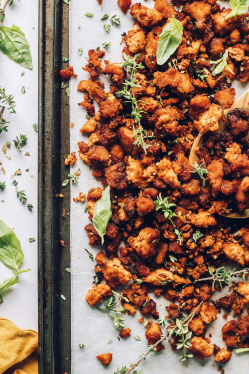 Pan of crispy baked tofu with Italian herbs