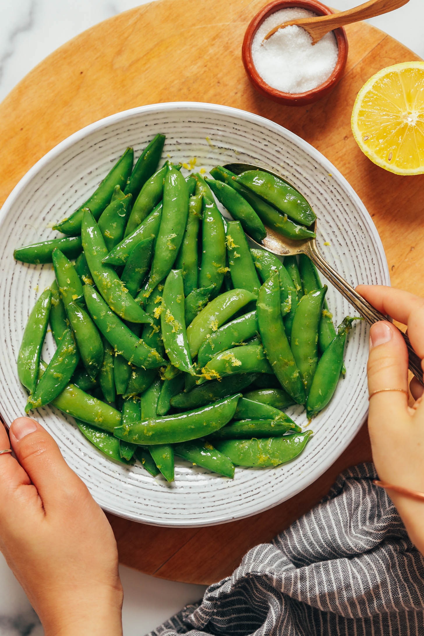 Showing a bowl of peas cooked using our How to Cook Sugar Snap Peas recipe