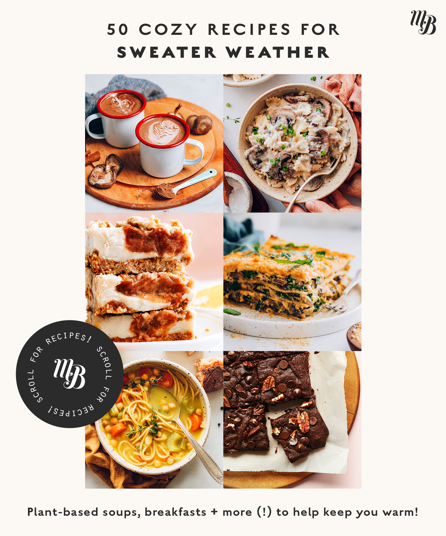 Assortment of cozy recipes including hot chocolate, pasta dishes, and desserts