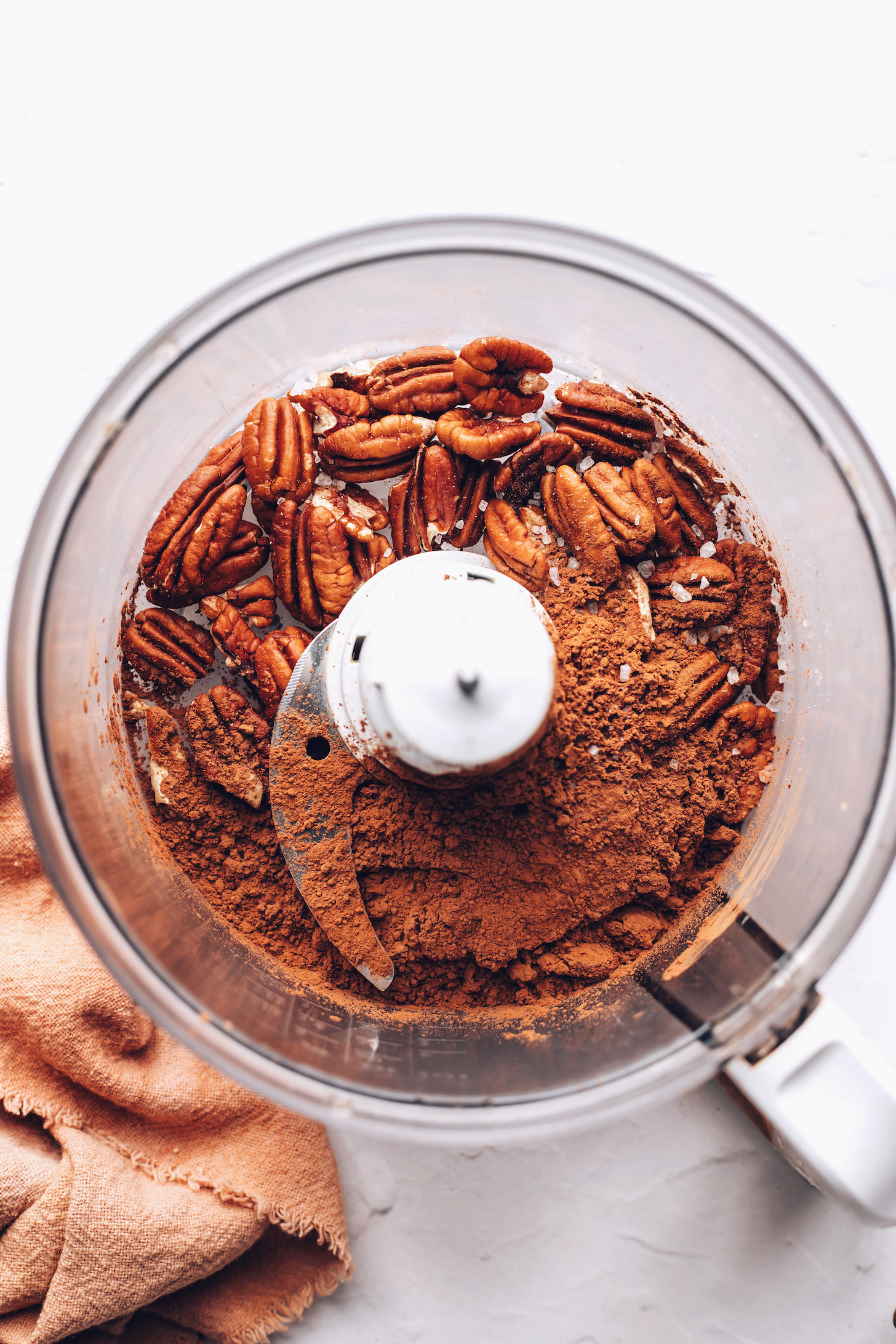 Pecans, cocoa powder, and salt in a food processor