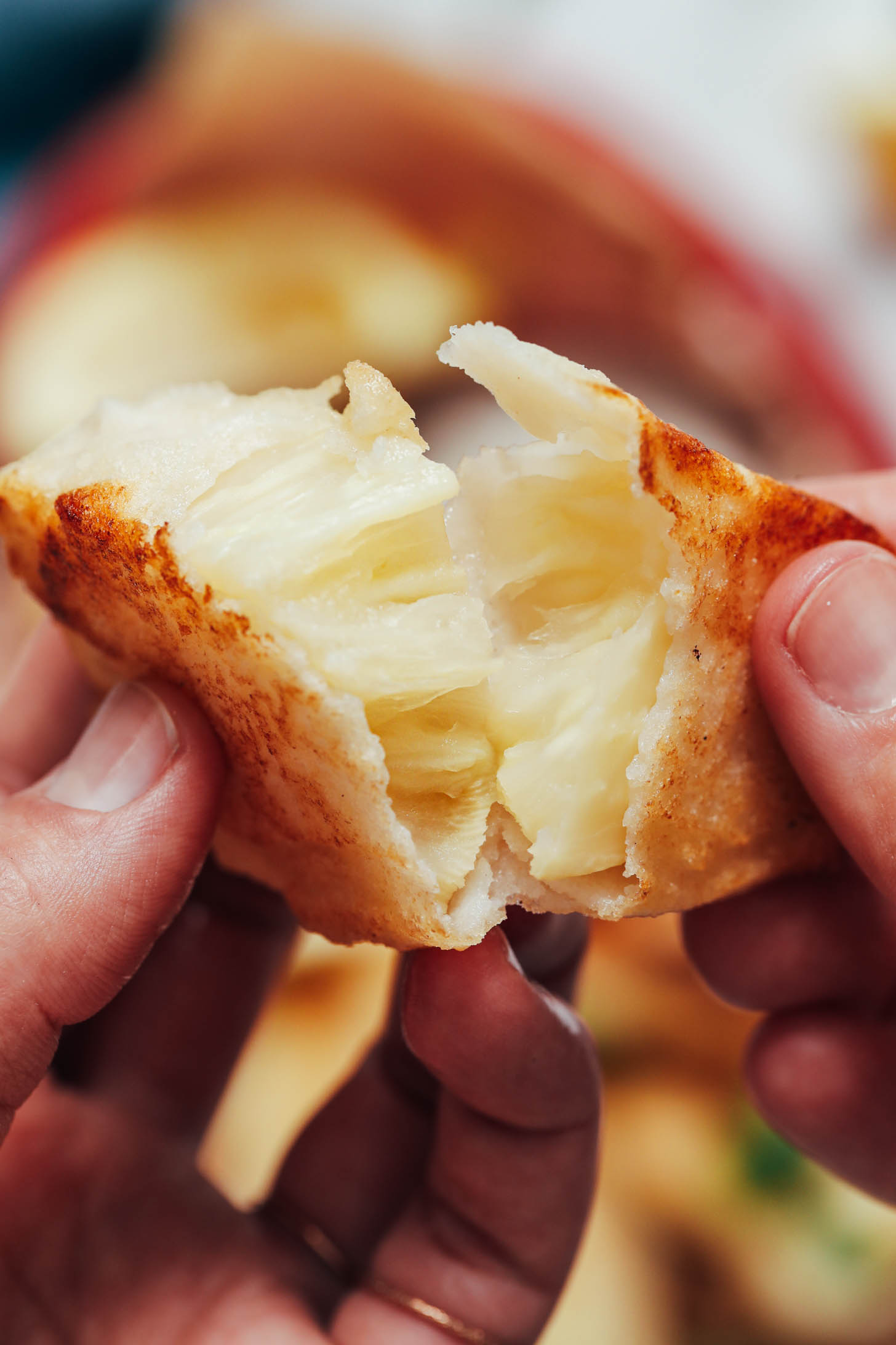 Showing the flaky inner texture of a vegan fish filet