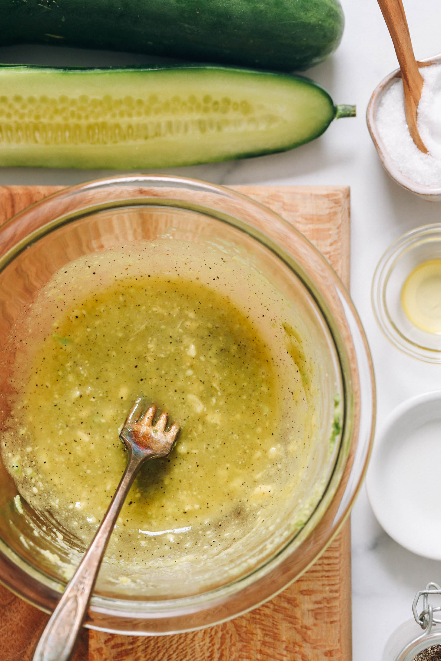 Bowl of creamy avocado white balsamic dressing