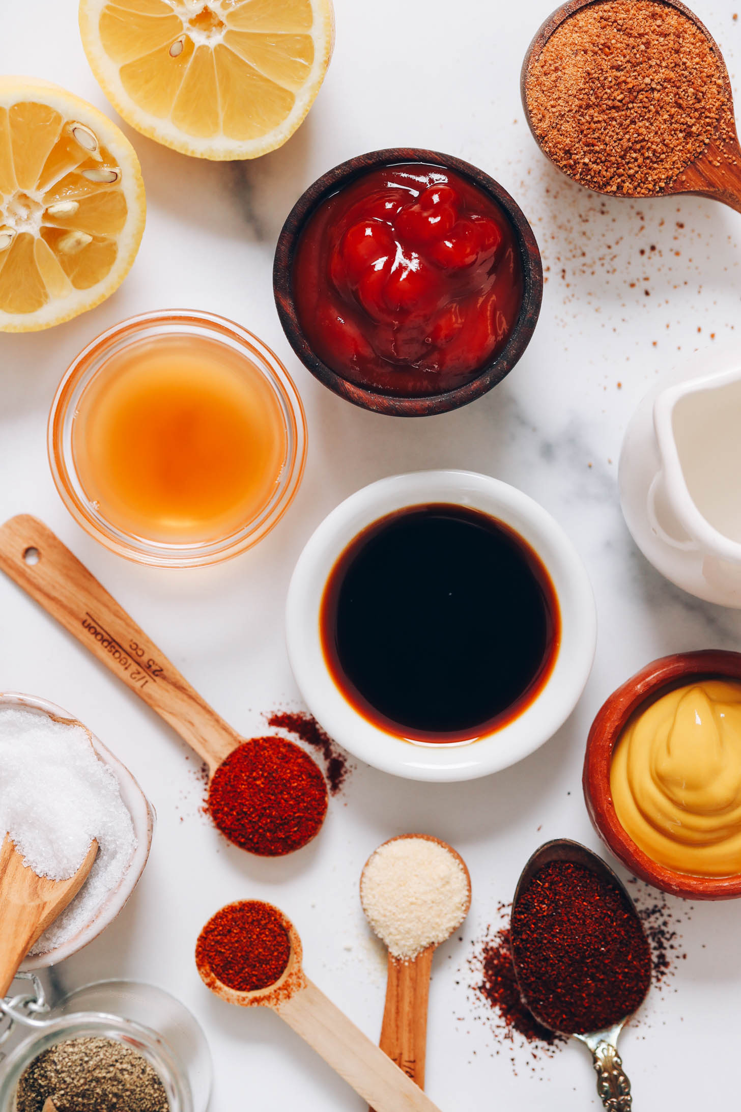 Lemon, apple cider vinegar, ketchup, coconut sugar, water, mustard, spices, and salt