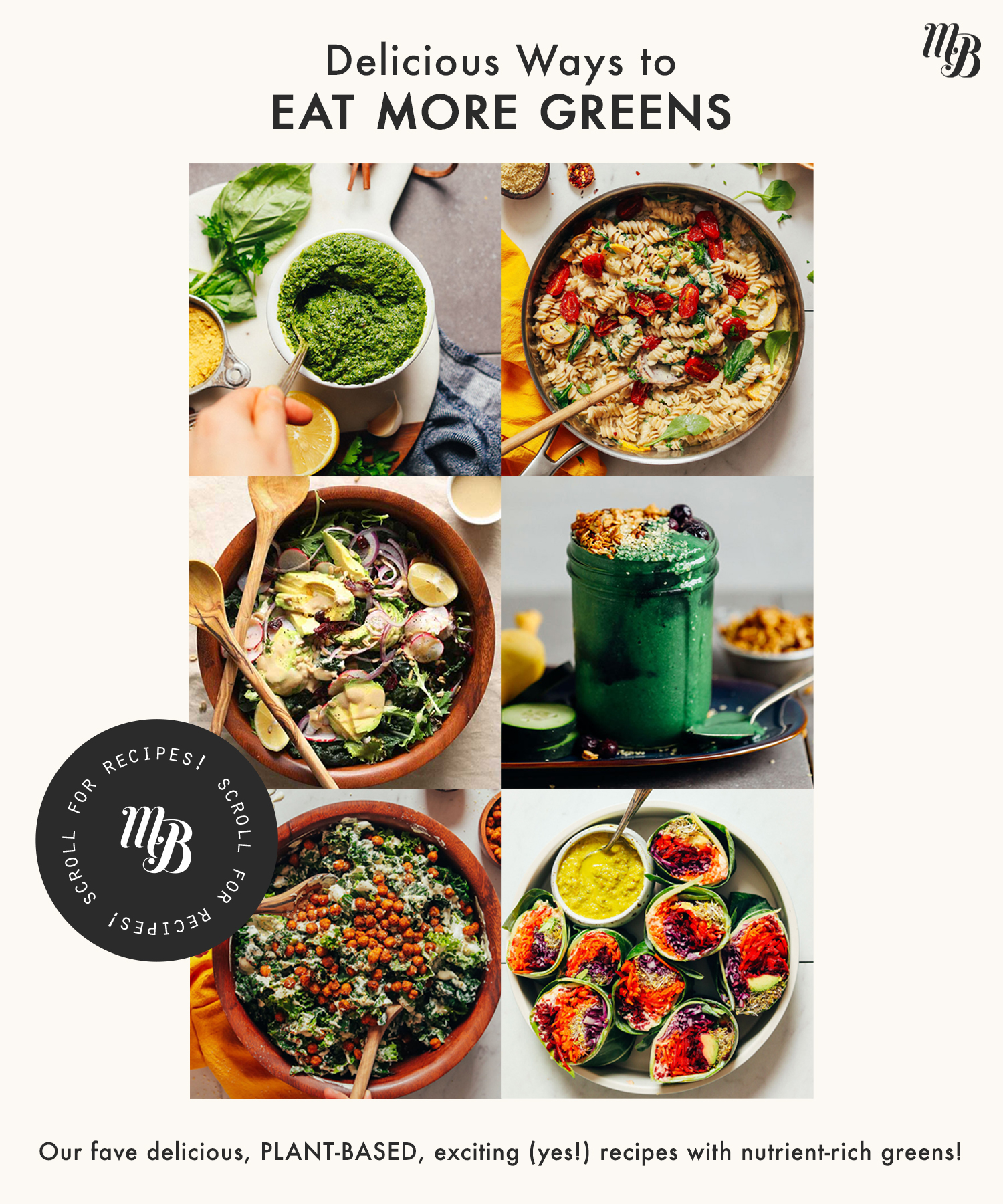Assortment of kale, collard green, and spinach recipes