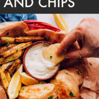 Basket of vegan and gluten-free "fish" and chips with a side of tartar sauce