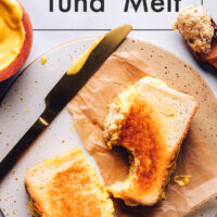 Cutting board with an easy vegan "tuna" melt on it