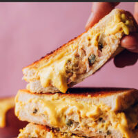 Stack of easy vegan "tuna" melt slices