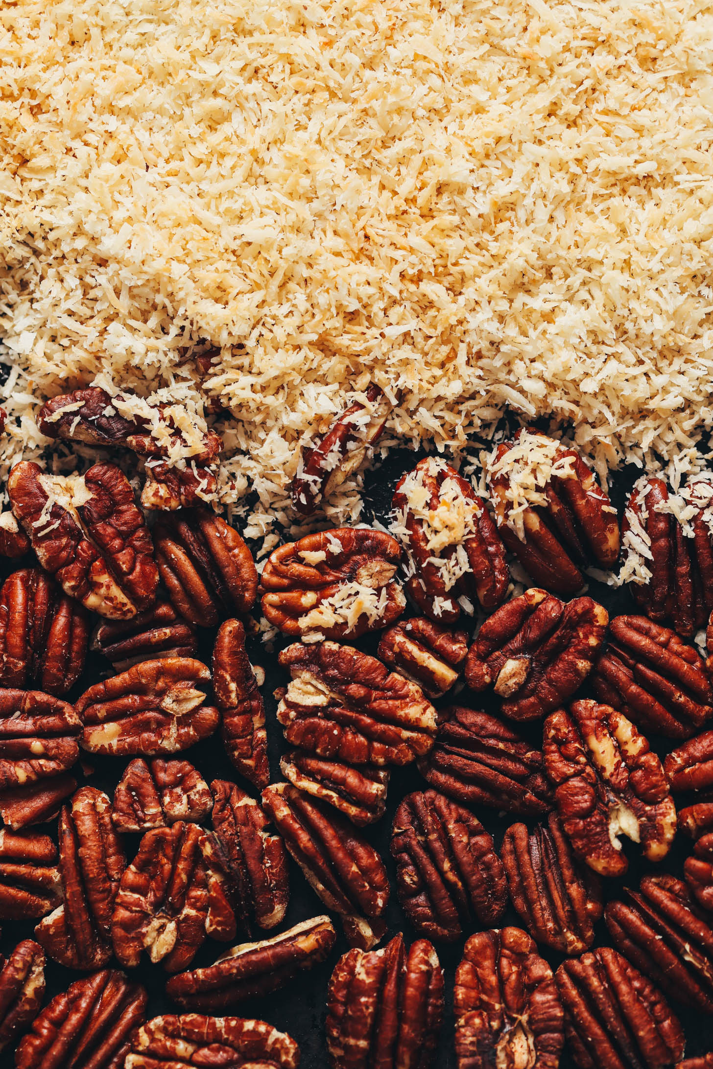 Toasted coconut and pecans on a baking sheet