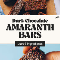 Overhead and side view photos of our Dark Chocolate Amaranth Bars with text that says just 6 ingredients