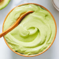 Overhead shot of a bowl of avocado crema