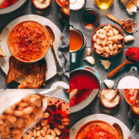 Photos showing the steps of making our super garlicky tomato soup with smashed white beans