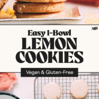 Photos of our easy 1-bowl lemon cookies in a stack and on a cooling rack with icing with text between the photos that says vegan and gluten-free